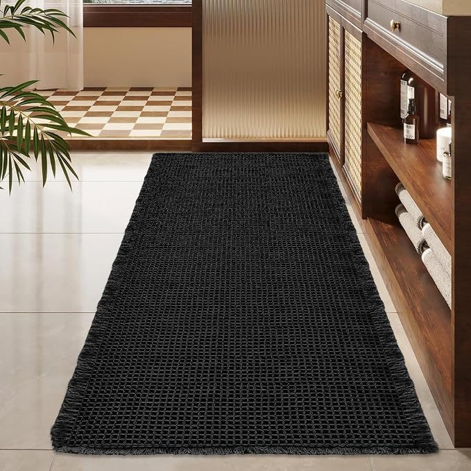 ZALL Waffle Bath Mat Black Super Absorbent Non Slip Bathroom Rug,Rhombus Geometric 24x48inch,Machine Washable Ultra Soft Floor Mats