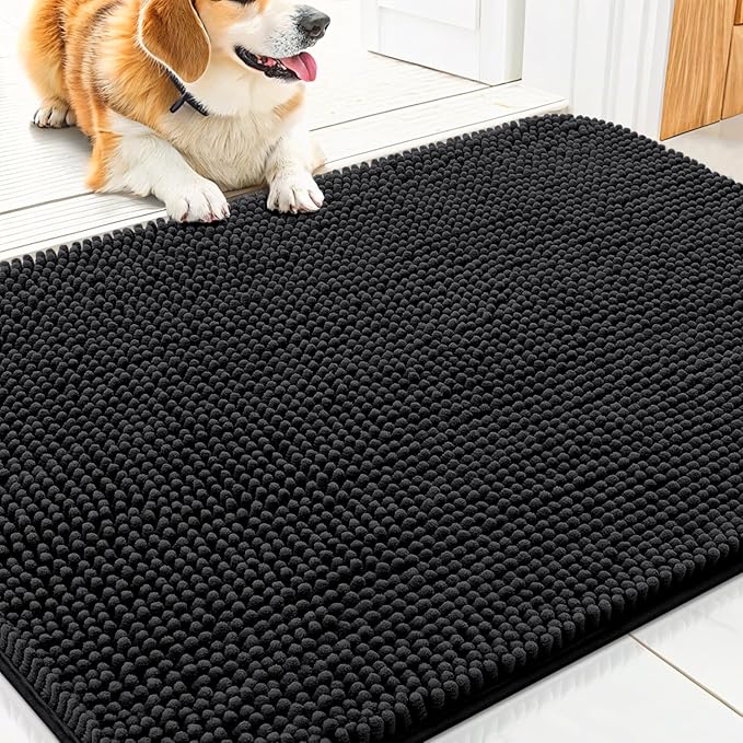 Smiry Dog Door Mat for Muddy Paws 30x20, Absorbent Dirt Trapper, Non-Slip Washable Chenille Entryway Rug for Inside Floor, Black, Classic Solid