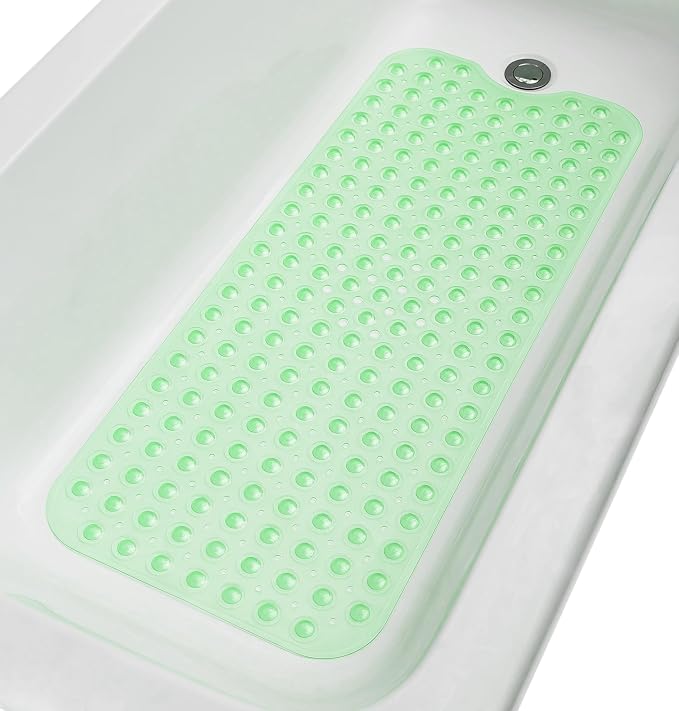 Extra-Long Non-Slip Bathtub & Shower Mat 39”x16” (Smooth/Non-Textured Tubs Only) Safe, Clean, Machine-Washable, Superior Grip&Drainage, Vinyl, Transparent Light Green