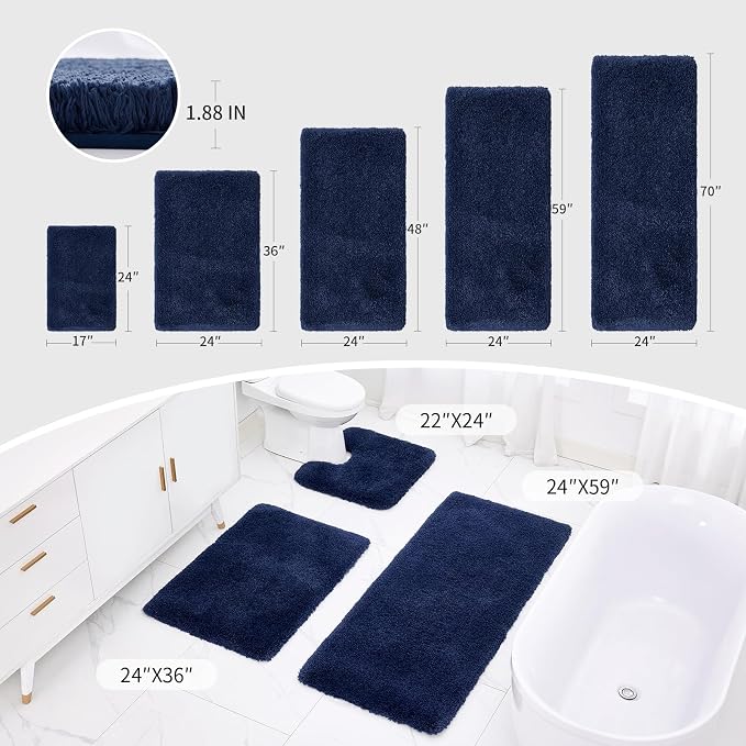 Disolla Navy Bathrom Runner Rug 24x59 - Large Soft Plush Bath Mat, Thick Long Non-Slip Shaggy Floor Mat, Ultra-Absorbent for Master Bathroom Bedroom