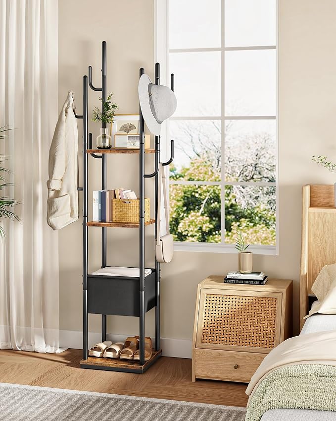 CHOEZON Coat Rack Freestanding, Coat Rack with 3 Shelves, 8 Hooks and 1 Fabric Pouch, Square Coat Hanger Stand, Metal Clothes Tree for Living Room, Bedroom, Entryway, Rustic Brown and Black TYM03BF