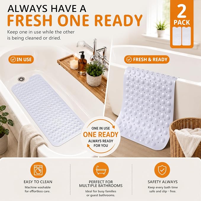 Yimobra 2-Pack Non Slip Bathtub Mat 40 x 16 Inch, Extra Long Shower Mat with Drain Holes, Machine Washable Baby Bath Mats, Strong Suction Cups for Bathroom Floor, White