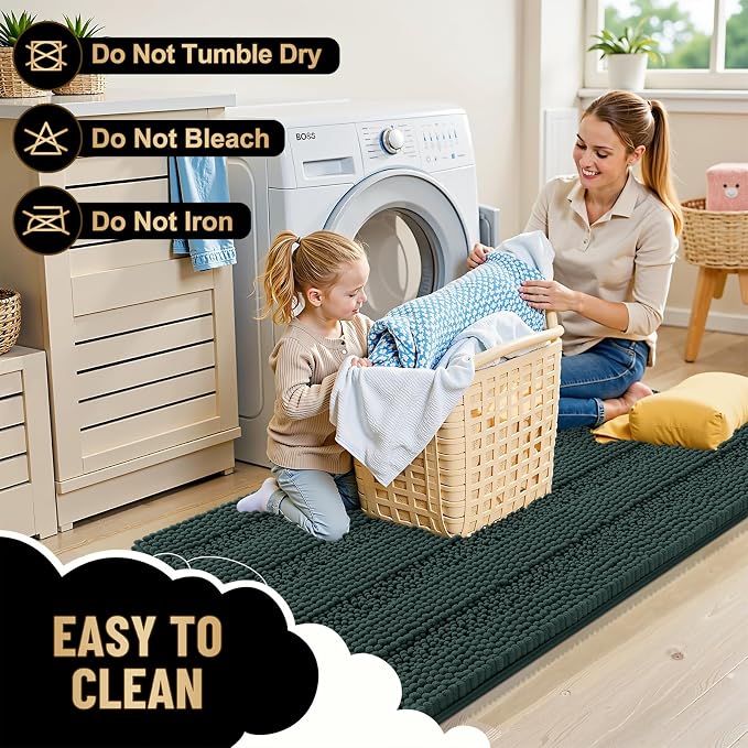 OLANLY Thick Bathroom Rugs 30x20, Extra Absorbent Chenille Striped Bath Rugs, Rubber Backing, Machine Wash Dry, Bath Mats for Bathroom Floor, Tub and Shower, Home Decor Accessories, Blackish Green