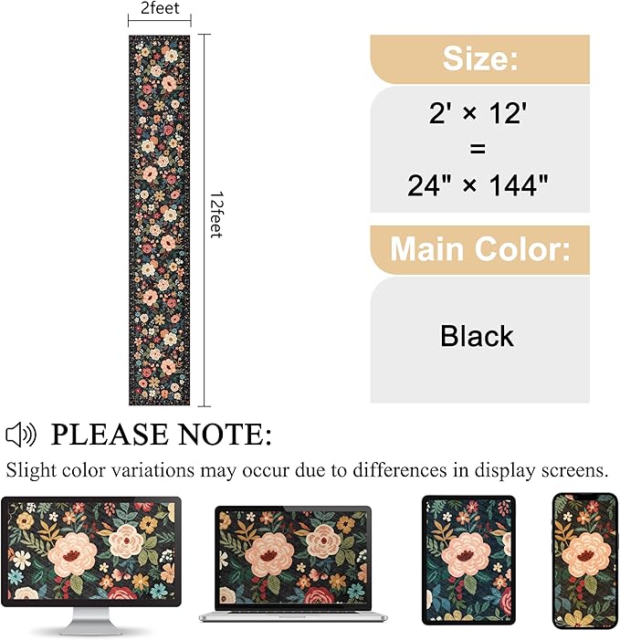 DUKINO 2x12 Washable Runner Rug, Ultra Soft Floral Runner Rug for Hallway, Boho Non Slip & Non Shedding Indoor Entryway Carpet for Kitchen, Laundry Room, Bathroom, Bedroom, Entrance, Black