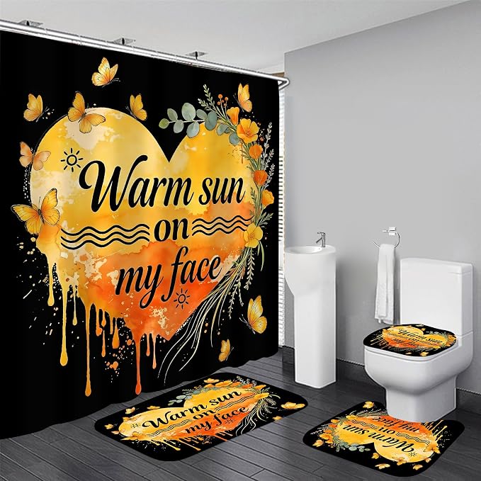 LQCOOL 4Pcs Black Orange Shower Curtain Set, Summer Bathroom Sets, Waterproof Bathroom Sets with Shower Curtain and Rugs, Shower Curtain with 12 Hooks