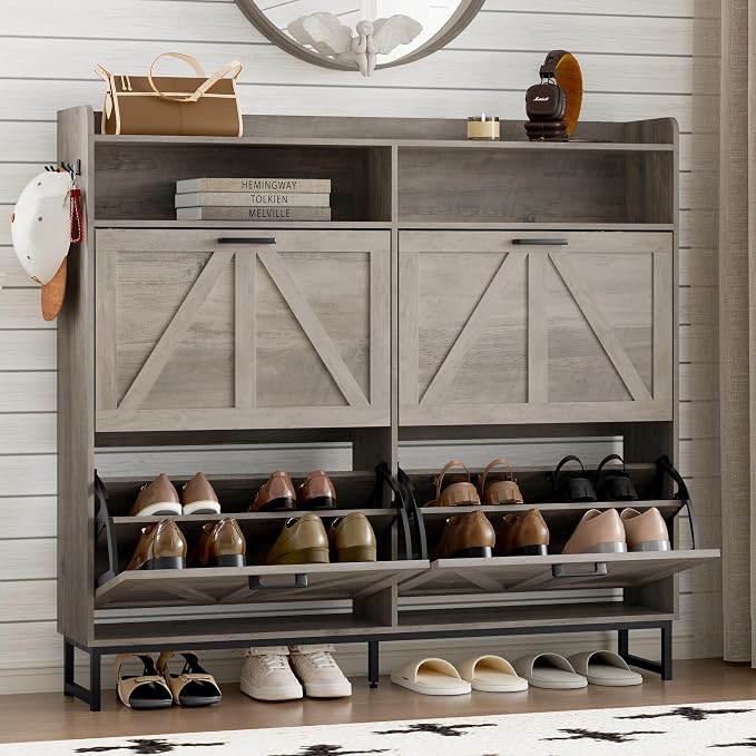 BORNOON Shoe Cabinet with 4 Flip Drawers Narrow Shoe Storage Cabinet Organizer Wooden Freestanding Shoe Rack Hidden Slim Shoes Storage Cabinet for Entryway, Hallway, Living Room, Bedroom