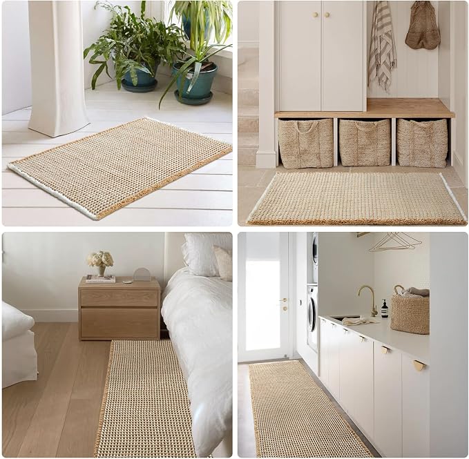 TYUU Waffle Bath Mat, Boho Bathroom Rugs Non Slip Washable Super Absorbent Quick Dry Bath Mat Farmhouse Bathroom Decor, 36"x24" Khaki and White