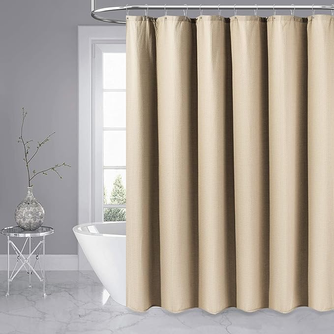 Dynamene Stall Fabric Shower Curtain - 36x72 Waffle Weave Weighted Cloth Shower Curtains for Bathroom, Neutral Heavy Duty Hotel Spa Luxury Bath Curtain Set with 6 Plastic Hooks,Beige/Khaki
