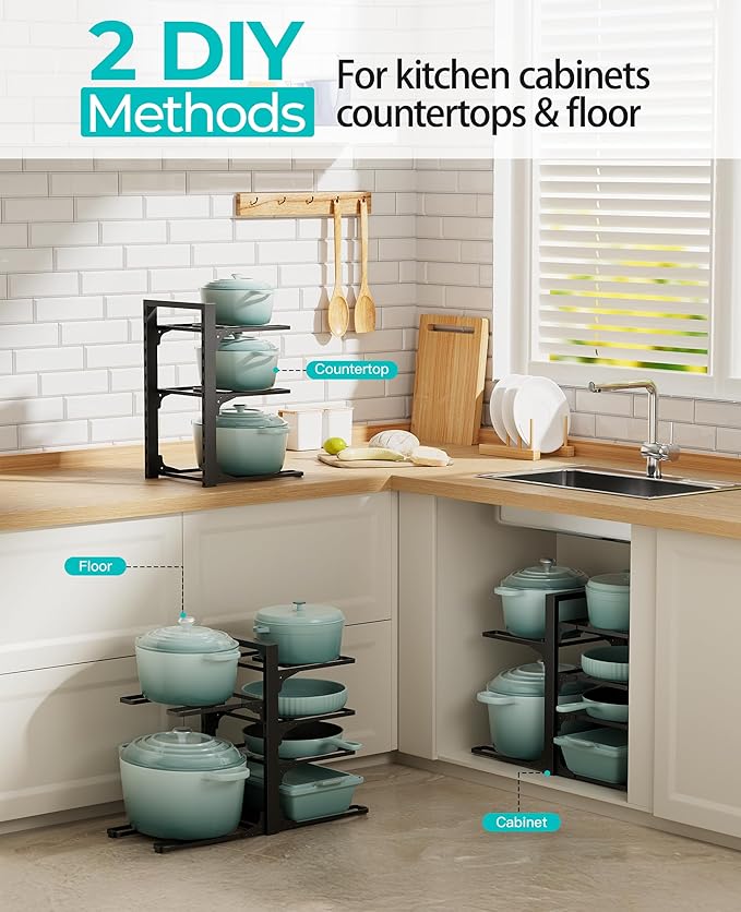 ORDORA Pots and Pans Organizer under Cabinet 13.78" Height, 6-Tier Kitchen Cabinet Organizers and Storage, Heavy Duty Pots and Pan Storage Rack Organizer inside Cabinet, Adjustable Pot Rack