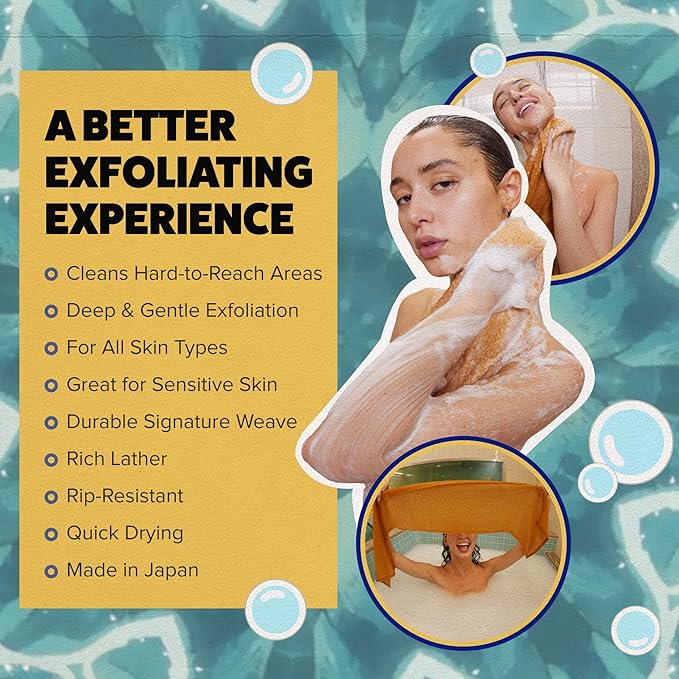 GOSHI Exfoliating Shower Towel - Long Body Scrubber for Back Acne, KP & Smooth Skin - Durable Rip-Resistant Weave, Quick-Dry Nylon Washcloth - Ethically Crafted in Gunma, Japan - Orange