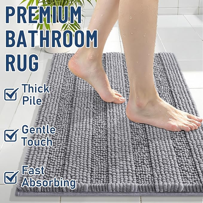 Grandaily Chenille Striped Bathroom Rugs 30x20, Extra Thick and Soft Absorbent Bath Mats, Rubber Backing, Plush Shaggy Shower Carpet, Machine Wash Dry, Bath Rug for Bathroom, Grey