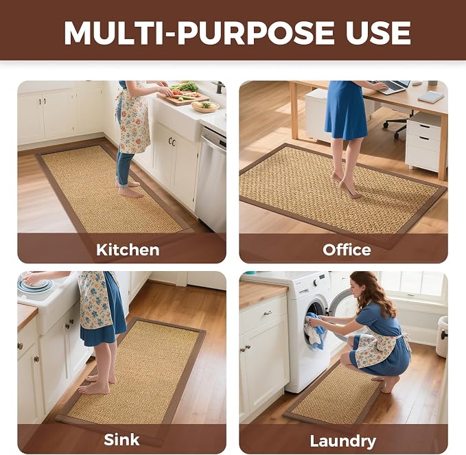 YDKGL Kitchen Runner Rugs Non Slip Washable Anti Fatigue, Super Absorbent 0.4" Thick Cushioned Long Kitchen Mats for Floor, Jute-Look Sink Floor Mat Laundry Standing Mat, Easy Clean, Brown 17"x59"