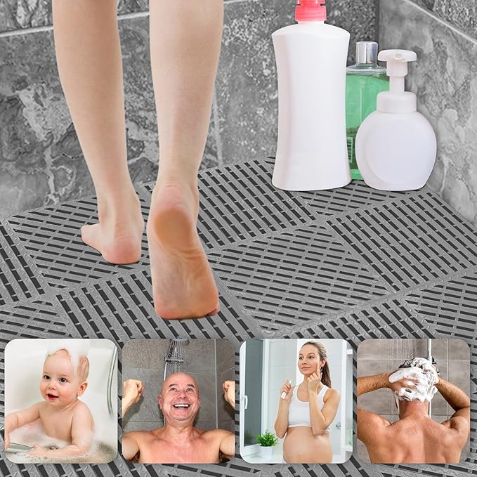 ToLanbbt Modular Interlocking Cushion 12P 11.8" x 11.8" Interlocking Rubber Floor Drain Holes Non-Slip Splicing Drainage Mats for Deck, Shower, Kitchen, Drain Pool, Sauna Bath (Grey, Diagonal)