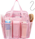 F-color Mesh Shower Caddy Portable with Zipper - Upgrade Deeper 7 Pockets Dorm Room Essentials for Guys Girls with S Hook, Shower Bag Basket Tote for College Camping Toiletry Bathroom, Pink