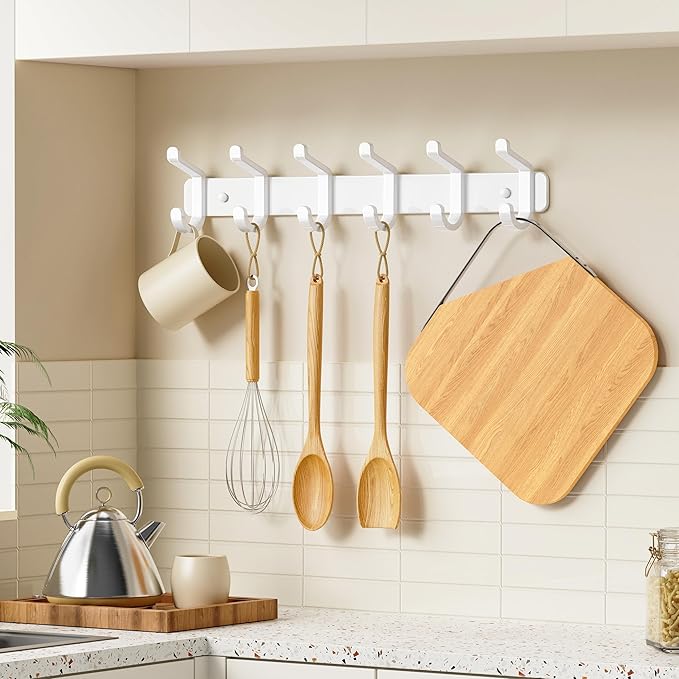 pickpiff Coat Rack Wall Mounted Heavy-Duty: Metal Coat Hanger 6 Hooks for Hanging Hat, Clothes, Robe, Keys, Backpack, Bathroom Towels, Jacket, Purse - Closet, Door, Entryway, Mudroom (White, 1 Pack)