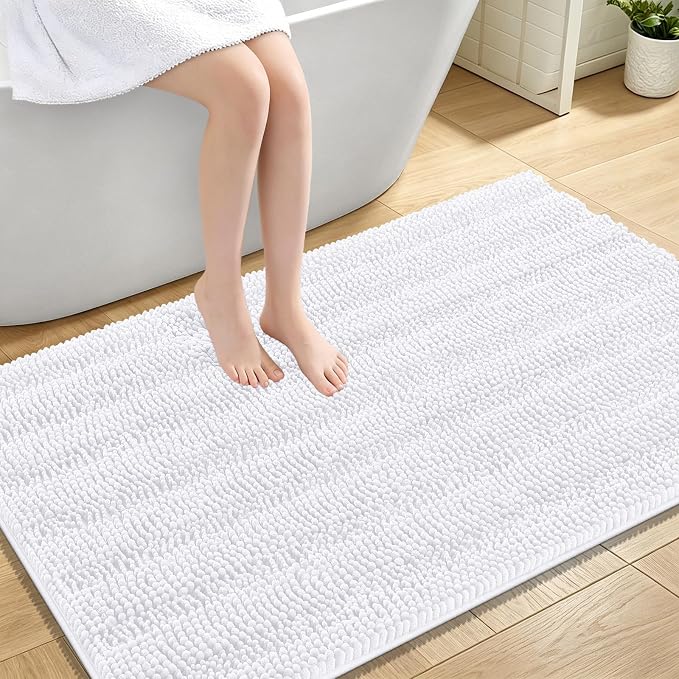 OLANLY Thick Large Bathroom Rugs 47x32, Extra Soft Absorbent Chenille Striped Bath Rugs, Rubber Backing, Machine Wash Dry, Bath Mats for Bathroom Floor, Tub and Shower, Home Decor Accessories, White