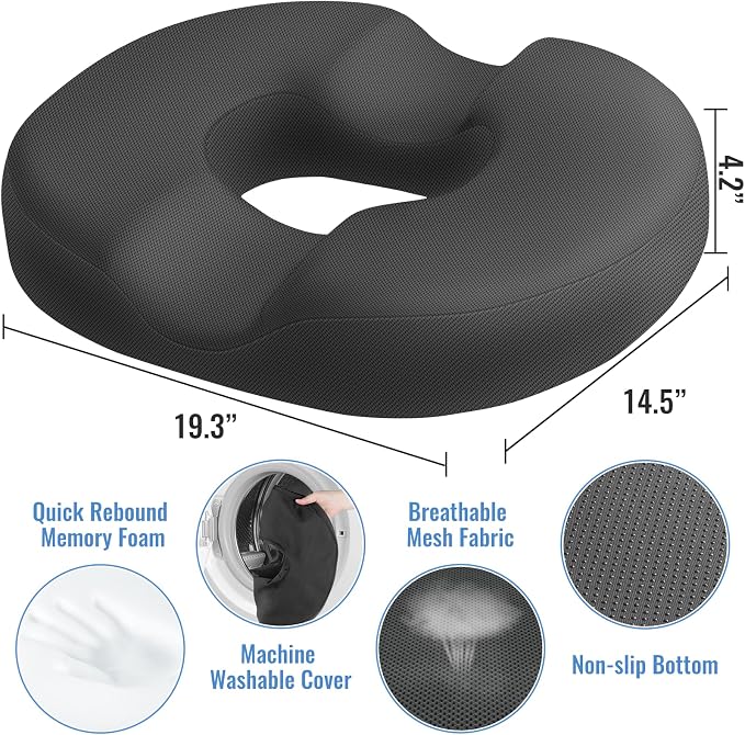 CloudBliss Donut Pillow Stadium Seat Cushion for Tailbone Pain Relief and Hemorrhoids, Memory Foam Seat Chair Cushion, Portable Seat Cushions for Bleachers, Car, Home & Office