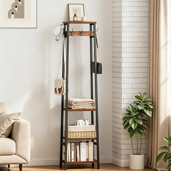 Coat Rack Freestanding, Coat Stand with 3 Shelves and 7 Hooks, Hall Tree Free Standing, Clothes Rack Stand Organizer, Industrial Style, Rustic Brown and Black