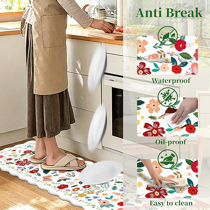 Kitchen Rugs, White Vintage Floral Scalloped Anti Fatigue Mats, Cushioned Non Slip PVC Floor Rugs, Comfort Standing Kitchen Floor Mats for Sink Laundry Office Home, 18x30 Inch