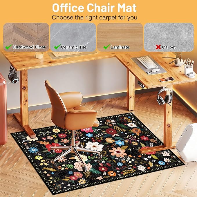 Office Chair Mat for Hardwood Floor & Tile Floor,36"x48"Heavy Duty Desk Chair Mat for Hard Floors, Under Desk Rug for Rolling Computer Chair,Anti Slip,Low Pile Carpet Floor-Black Multicolor Flower