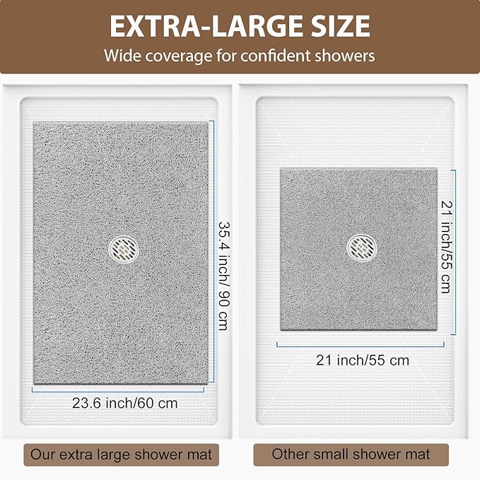 Shower Mat Non Slip: 35.4 x 23.6 Inch Extra Large Shower Mats for Inside Shower with Drain Hole - Soft PVC Loofah Anti Slip Shower Stall Mat for Walk-in Shower and Bathroom, Quick Drying