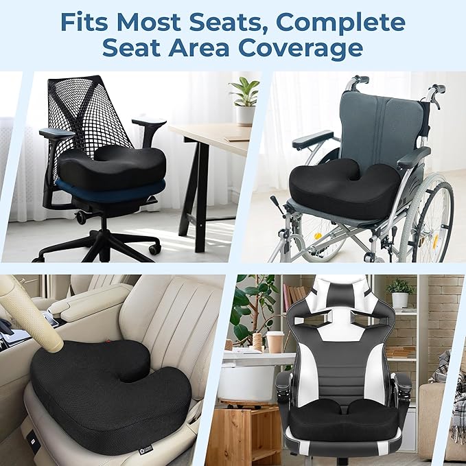 5 STARS UNITED Seat Cushion - Memory Foam Chair Cushion for Tailbone Pain Relief - Ergonomic Support for Coccyx, Sciatica & Butt - Office, Desk & Gaming Chair, Car Seat, Wheelchair, Black Mesh