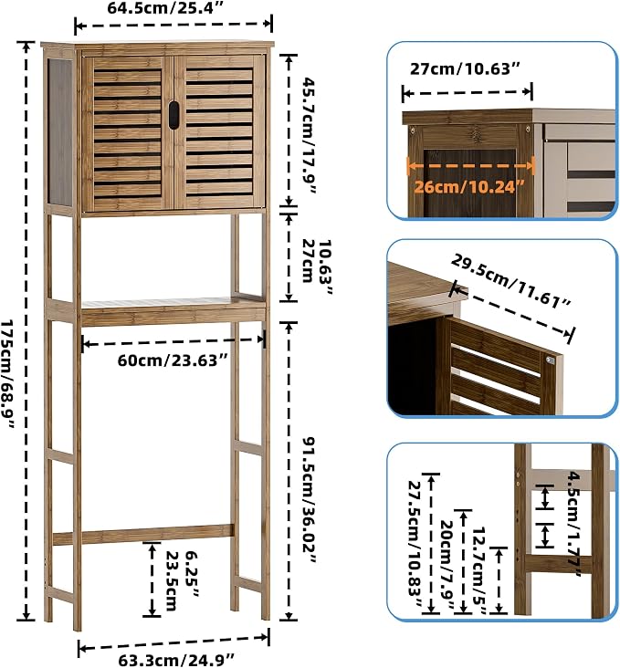 SMIBUY Bathroom Storage Shelf with Cabinet, Bamboo Over-The-Toilet Organizer Rack, Freestanding Toilet Space Saver with 3-Tier Adjustable Shelves (Walnut)
