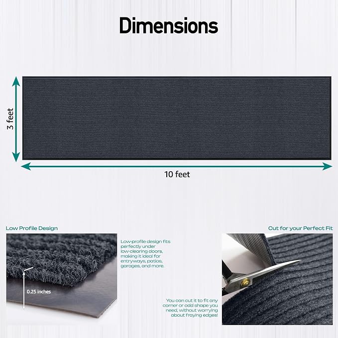 Durable Rubber Door Mat - Heavy Duty, Indoor/Outdoor, Easy Clean, Waterproof, Low-Profile Mat for Entry, Patio, Garage - Stylish (Charcoal, 10' x 3' (Mud Trapper))