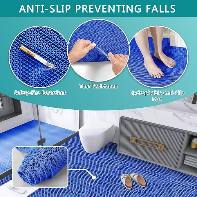 WochiTV Non Slip Drainage Mats PVC Pool Floor Mat 0.23'' Thick Outdoor Indoor Parking Space Mat for Bathroom Garage Basement Backyard Commercial Kitchen 3x16.6Ft Blue