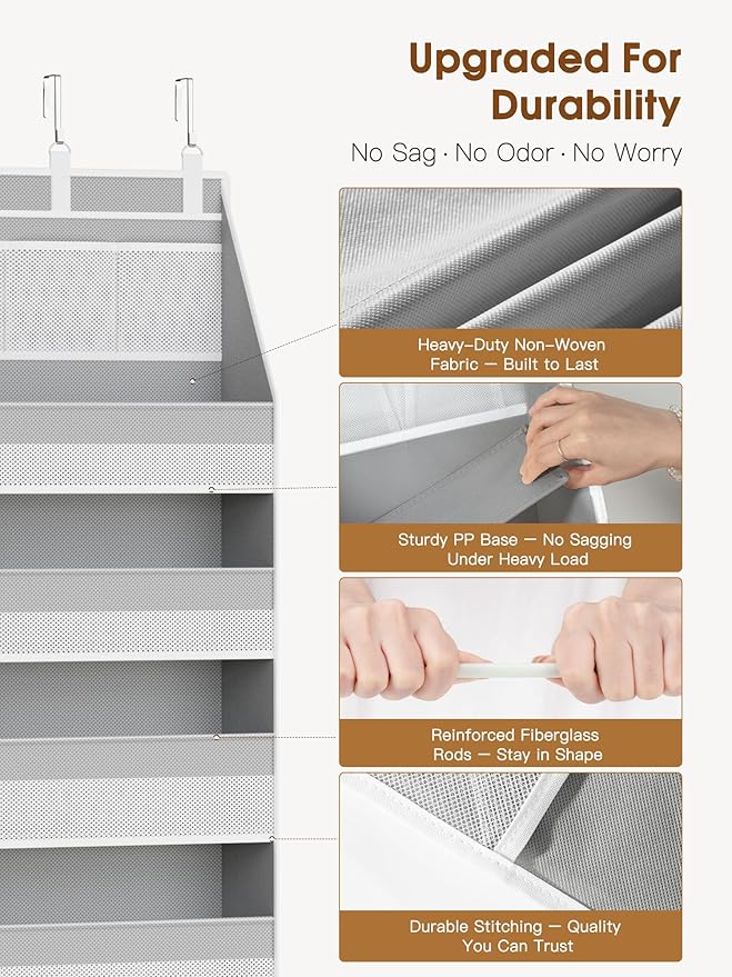 Criusia 2 Pack Over The Door Organizer, Heavy-Duty 6-Shelf Hanging Storage with 13 Mesh Pockets, 55lbs Capacity Behind The Door Storage for Nursery, Bathroom, Bedroom, and Dorm, Grey