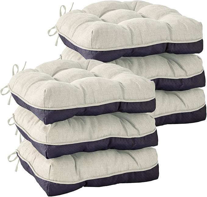 IASEAHK Chair Cushions for Dining Chairs, Seat Cushions for Kitchen Chairs, Indoor Seat Cushions with Ties, Tufted Foam Chair Pads, Non Slip Chair Cushions Set of 6, 15.5" x 15.5" x 4", Beige