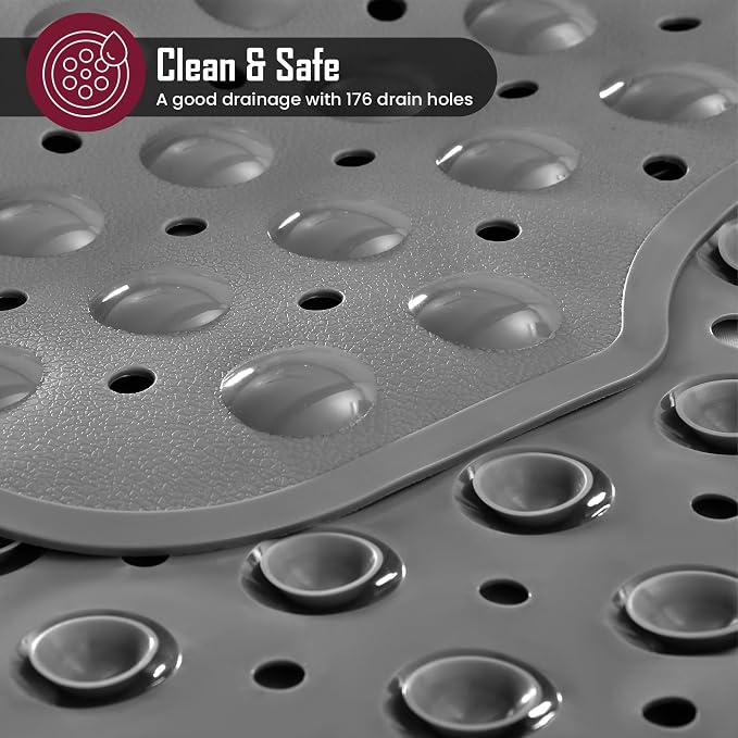 LUX Décor Non-Slip Bathtub Mat, Extra Large 40x16 Inches – Anti-Slip Safety Shower Mat with Suction Cups & Drain Holes – Machine Washable Bath Mat – Grey