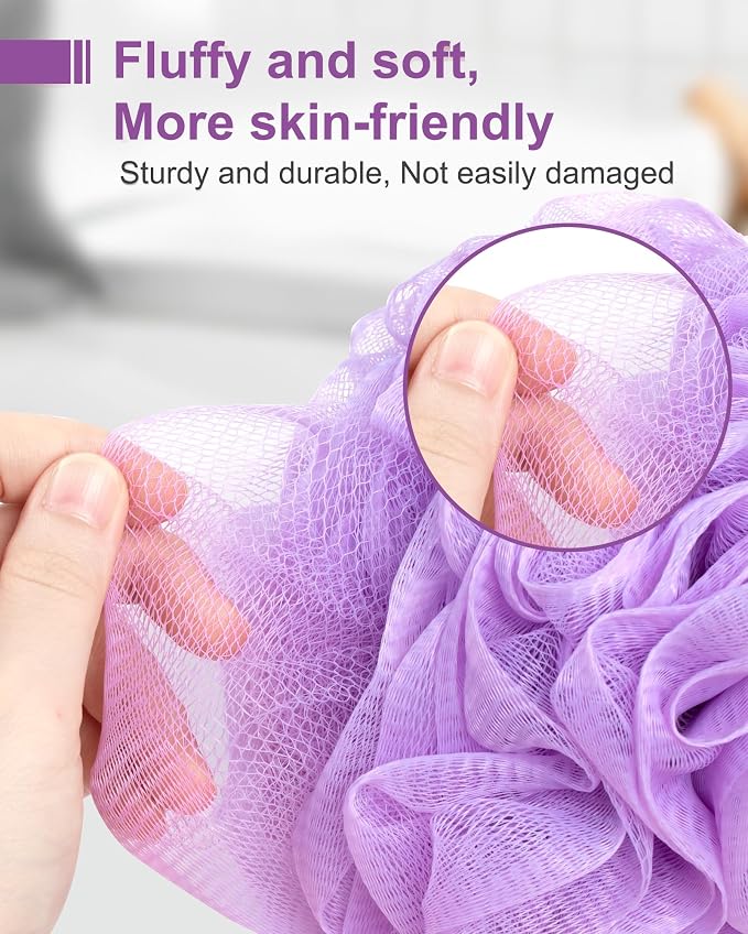 MTDLYICE Loofah Sponge, XXL Large Loofah 100g 4 Pack, Bath Sponge Soft Mesh Shower Loofah for Men, Body Scrub, Shower Pouf Bath Accessories, for Body Wash, Soap (Lavender)