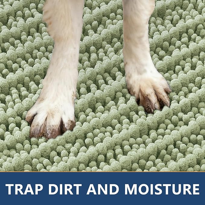 Smiry Dog Door Mat for Muddy Paws 40x32, Absorbent Dirt Trapper, Non-Slip Washable Chenille Entryway Rug for Inside Floor, Sage Green, Layered Pattern