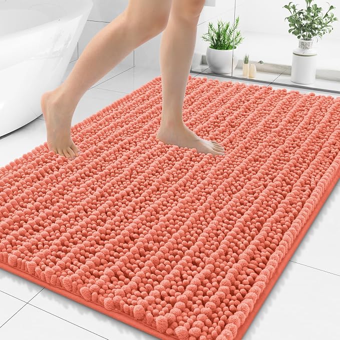 Smiry Bathroom Rugs Mat 48x32, Extra Soft Absorbent Chenille Bath Rugs, Non Slip Rubber Backing Machine Washable Quick Dry Bath Mats for Bathroom Floor, Tub, Shower, Home Decor Accessories, Coral