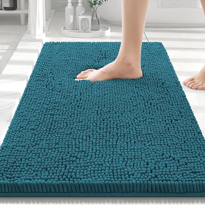 Smiry Luxury Chenille Bathroom Rugs 30x20, Extra Soft and Absorbent Shaggy Bath Mat, Machine Washable, Non-Slip Plush Carpet Runner for Tub, Shower, and Floor, Home Decor Accessories, Lake Blue