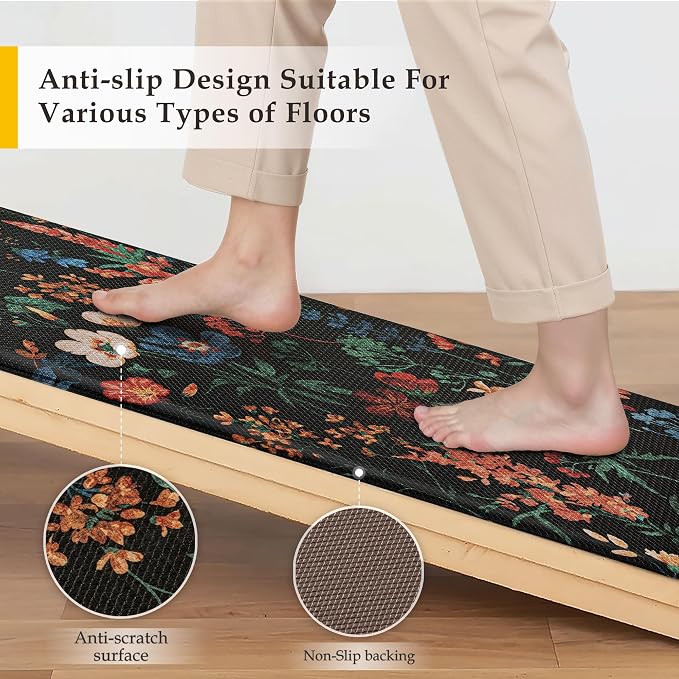 PureCozy Kitchen Mats 2PCS Anti Fatigue Cushioned Mat Non Slip Floral Boho Kitchen Mats for Floor Waterproof Comfort Standing Black Rug for Sink Laundry Office Desk 17.3"x47"+17.3"x30"