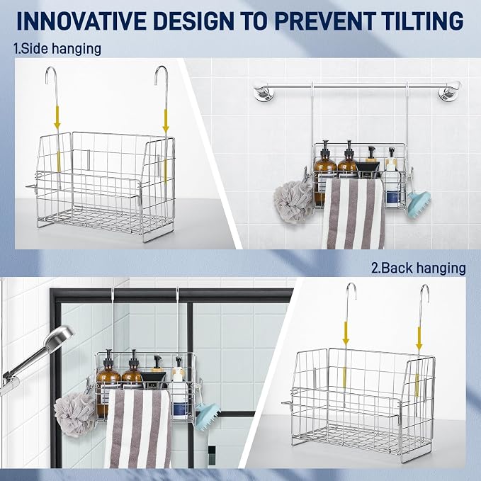 SUTINE Hanging Shower Organizer, Shower Caddy Hanging, Bathroom Storage Rack with Hooks Over the Door, Stainless Steel Rustproof Bathroom Basket Shelf for Bath Faucet or Cross Bar
