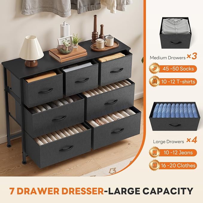 Sweetcrispy 7 Drawer Dresser with Fabric Bins Fabric Storage Tower Organizer for Bedroom Closet Hallway Entryway Tall Chest of Drawers with Steel Frame Wood Top Easy Pull Handles,Dark Gray