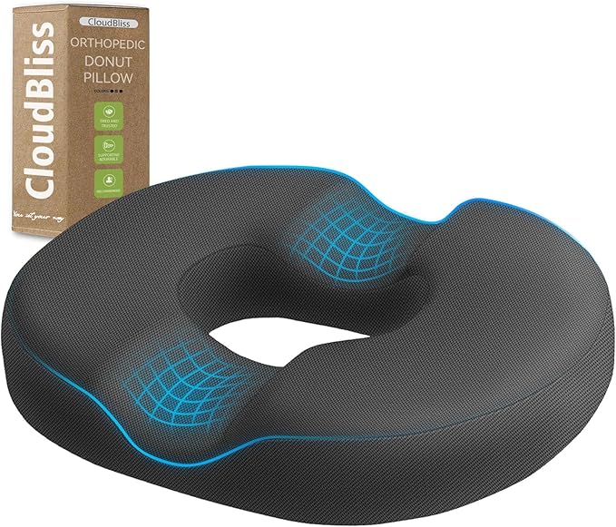 CloudBliss Donut Pillow Stadium Seat Cushion for Tailbone Pain Relief and Hemorrhoids, Memory Foam Seat Chair Cushion, Portable Seat Cushions for Bleachers, Car, Home & Office
