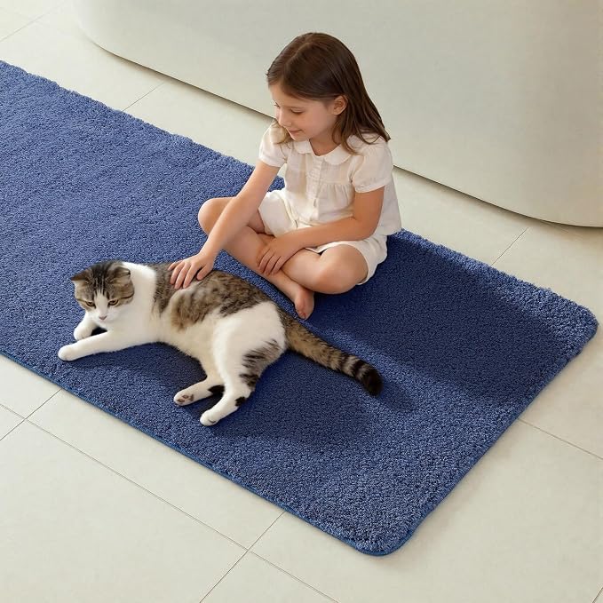 TYUU Bathroom Rugs Non Slip Washable, Ultra Soft Super Absorbent Quick Dry Small Bath Mat with Rubber Backing for Bathroom Floor, Shower, or Sink, Denim Blue 16" x 24"