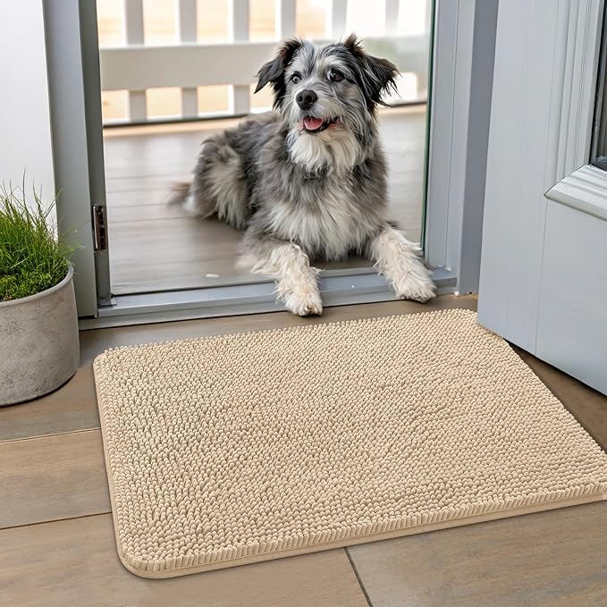 Smiry Dog Door Mat for Muddy Paws 24x16, Absorbent Dirt Trapper, Non-Slip Washable Chenille Entryway Rug for Inside Floor, Beige, Classic Solid