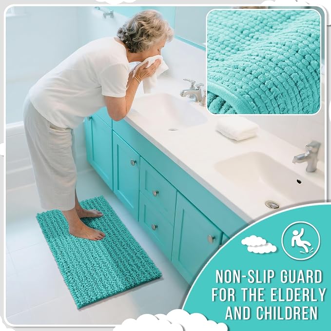 Yimobra Bathroom Rugs Non Slip Washable - Ultra Soft Absorbent Chenille Bath Mat, Quick Dry Shaggy Floor Carpet for Tub Shower, Lake Blue Home Decor Accessories, 24x17 Inch
