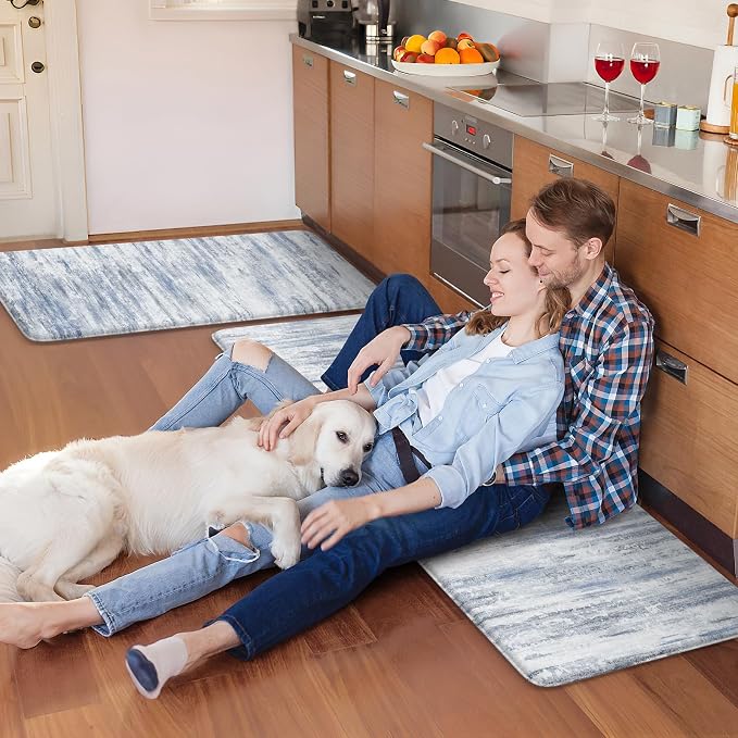 KIMODE Anti Fatigue Kitchen Mats 17"x47"+17"x29", Abstract Kitchen Rugs Sets of 2, Non Slip Kitchen Mats for Floor, Cushioned Comfort Standing Mats for Sink, Laundry, Office, Desk Multi-Blue