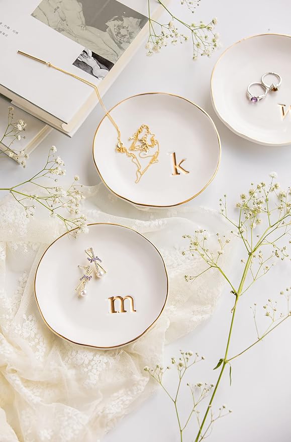 COLLECTIVE HOME - Ceramic Jewelry Tray, Decorative Trinket Dish for Rings Earrings Necklaces Bracelet Watch Keys, Birthday Mother's Day Christmas Gift for Women, 4.75", White Surface (C)