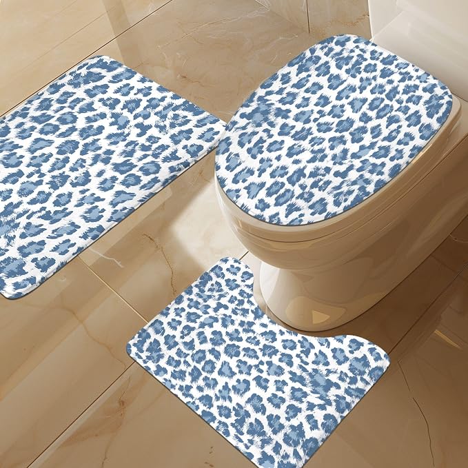 4 PCS Blue Leopard Print Shower Curtain Set 72Wx72H,Toilet Lid Cover,Non-Slip Rugs and U-Shaped Mat,Cheetah Wild Bathroom Sets with Rugs Shower Accessories 12 Hooks for Bathroom Decor