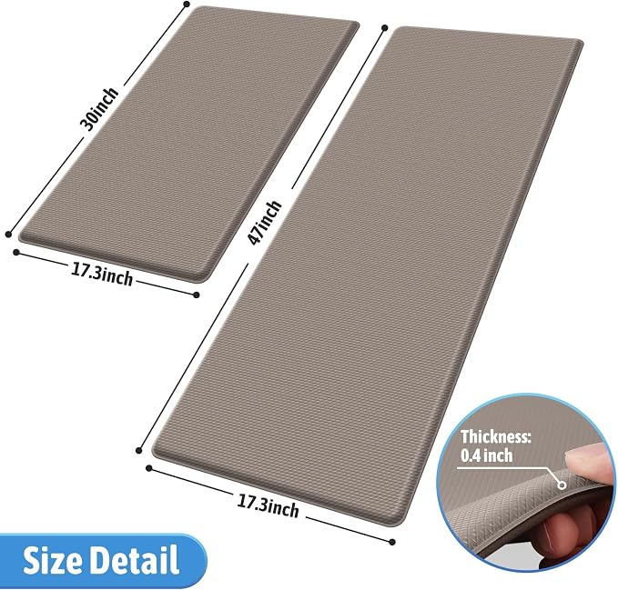 StepLively Kitchen Mat, 2 PCS Kitchen Rugs, Cushioned Kitchen Mats for Floor, Anti Fatigue Kitchen Rug Set, Non-Skid Standing Mat for Kitchen, Office, Sink, 17.3"×30"+17.3"×47", Khaki