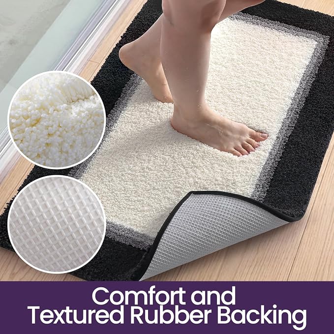 DEXI Bathroom Rugs 24x16, Absorbent Extra Soft Plush Microfiber Bath Mat for Bathroom, Non Slip Washable Bathmat Quick Dry for Shower Floor, Sink, Tub, Laundry Room, Black and White