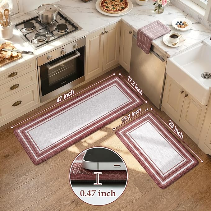 KIMODE Anti Fatigue Kitchen Mats for Floor 2 Piece, Christmas Farmhouse Kitchen Rugs, Padded Kitchen Floor Mats, Red Boho Standing Desk Mats for Laundry Room Decor Office Bathroom Sink 17"x47"+17"x29"