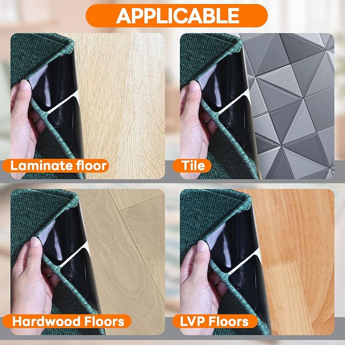 Rug Non Slip Grippers, Reusable Rug Tape, No Damaging for Hardwood Floors, Carpet Grippers Stickers Pads for Area Rugs Corners Flat, 12Pcs